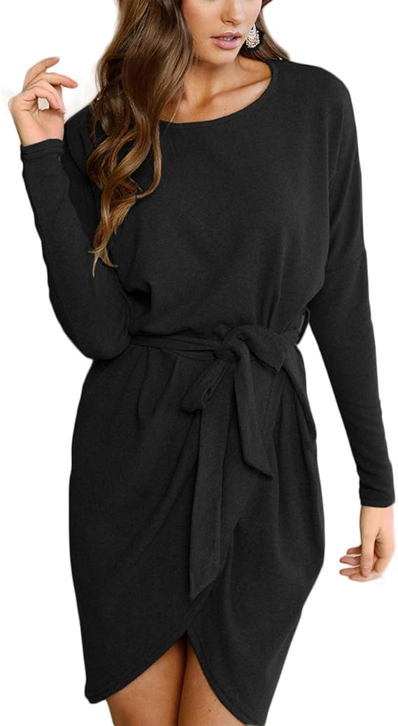 EFexous Women Summer Casual Long Sleeve Round Neck Belt Midi Wrap Dresses : Amazon.co.uk: Clothing