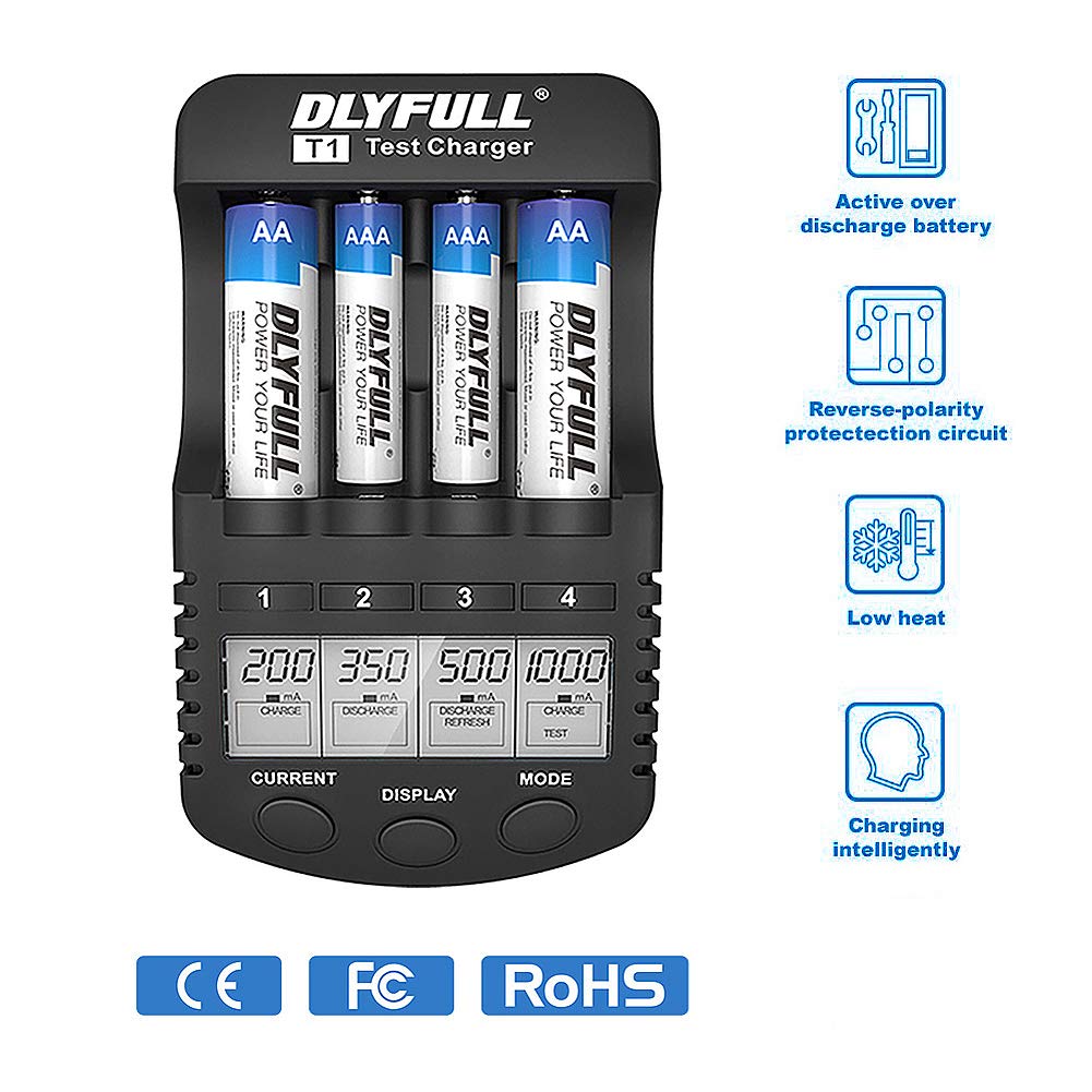 AA Battery Charger, Dlyfull LCD Display Smart Charger(Test, Refresh, Discharging) for 1.2V Ni-MH Ni-CD 4 AA & AAA Rechargeable Batteries with 1000mA charge current + USB Port