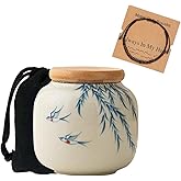 MYMYYT Small Urn Ashes Keepsake- 3 inches Ceramic Hand Draw Willow and Bird Small urn, Capacity 10 Cubic inches Memorial Funeral urn for Human, Adult, Child, Pets - Qnty 1