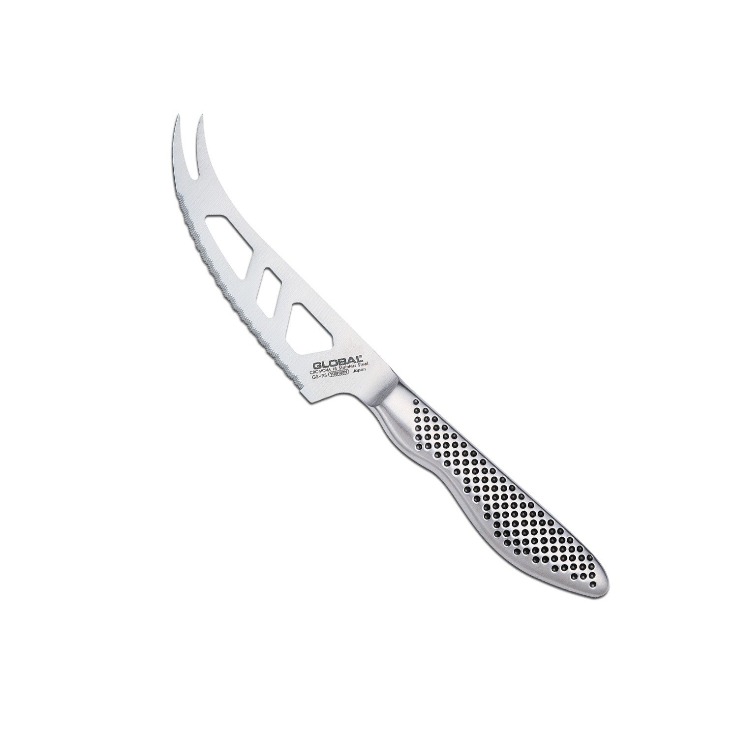 Global GS-95 Serrated Cheese Knife 10.5cm Scalloped Blade with Holes, Japanese Knife for Cutting Soft & Hard Cheese with Prong Tip, Ultra Sharp Stainless Steel Cheese Slicer, Made in Japan