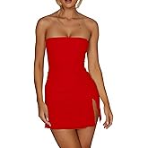VASAUGE Women's Sexy Tube Top Side Slit Mini Dress Strapless Ruched Bodycon Party Club Short Dresses