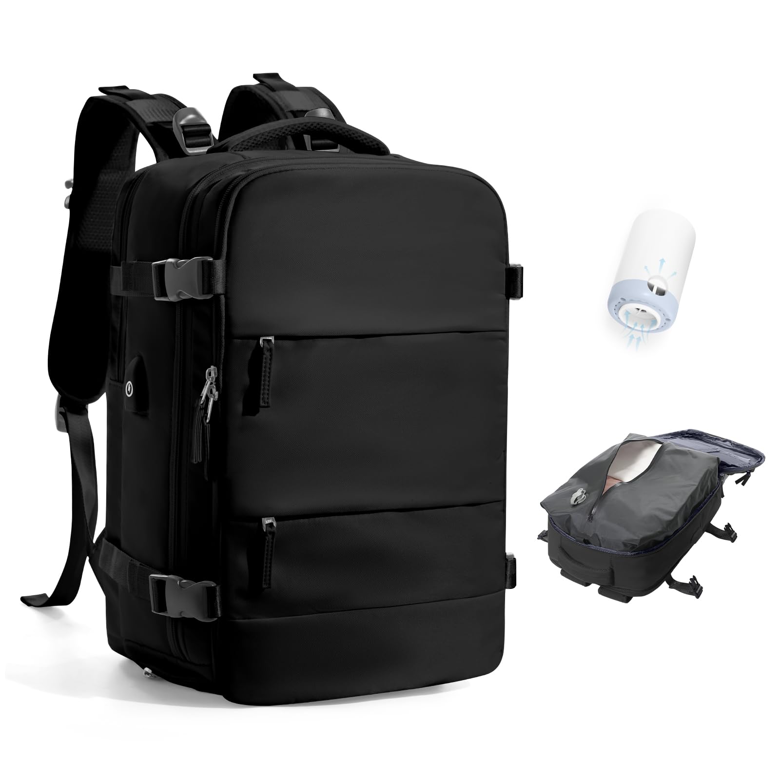 Photo 1 of Vacuum Travel Backpack with Pump Women,Personal Item Carry on Backpacks Flight Approved 18x14x8 inches Men,Laptop Waterproof Work Compression bags Casual Daypack Mochila de Viaje Compresion al Black