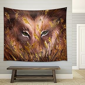 Original Oil Painting Showing Deep Wolves Eyes Behind Grass on Canvas - Fabric Wall Tapestry Home Decor - 51x60 inches