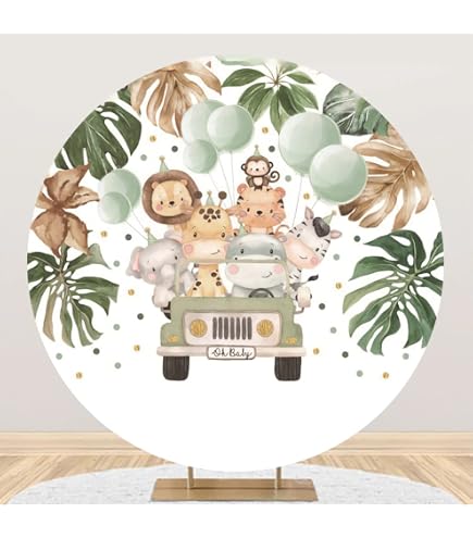 LFEEY Wild One Round Backdrop Cover 7.2 Ft Wild Animal Jungle Circle Backdrop Stand Cover Safari Animal Round Tropical Backdrop Photography For Birthday Party Baby Shower Polyester Fabric