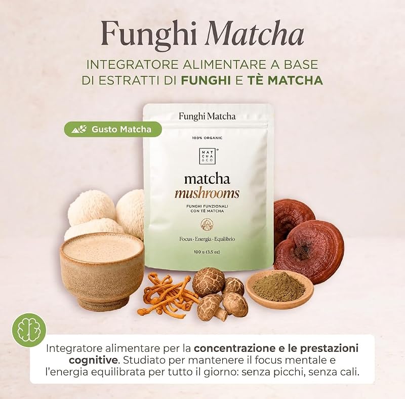 - Matcha Mushrooms Bio (100g) – Tè Matcha Cerimoniale del Giappone con 6 Funghi Funzionali (Criniera di Leone, Reishi, Chaga, Cordyceps, Shiitake, Maitake) – Focus · Energy · Balance