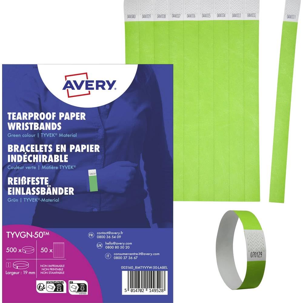 Avery Tyvek Paper Bracelets/Wristbands -Green- Tear-Proof - Ideal for Events,Ideal for Events, Parties, Celebration TYVGN-50