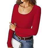 GKBK Ribbed Long Sleeve Tops for Women Scoop Neck Fitted Basic Tight T-Shirts Cute Layering Tops Lightweight Fall Sweaters 2025 Fashion Outfits Winter Clothes Red