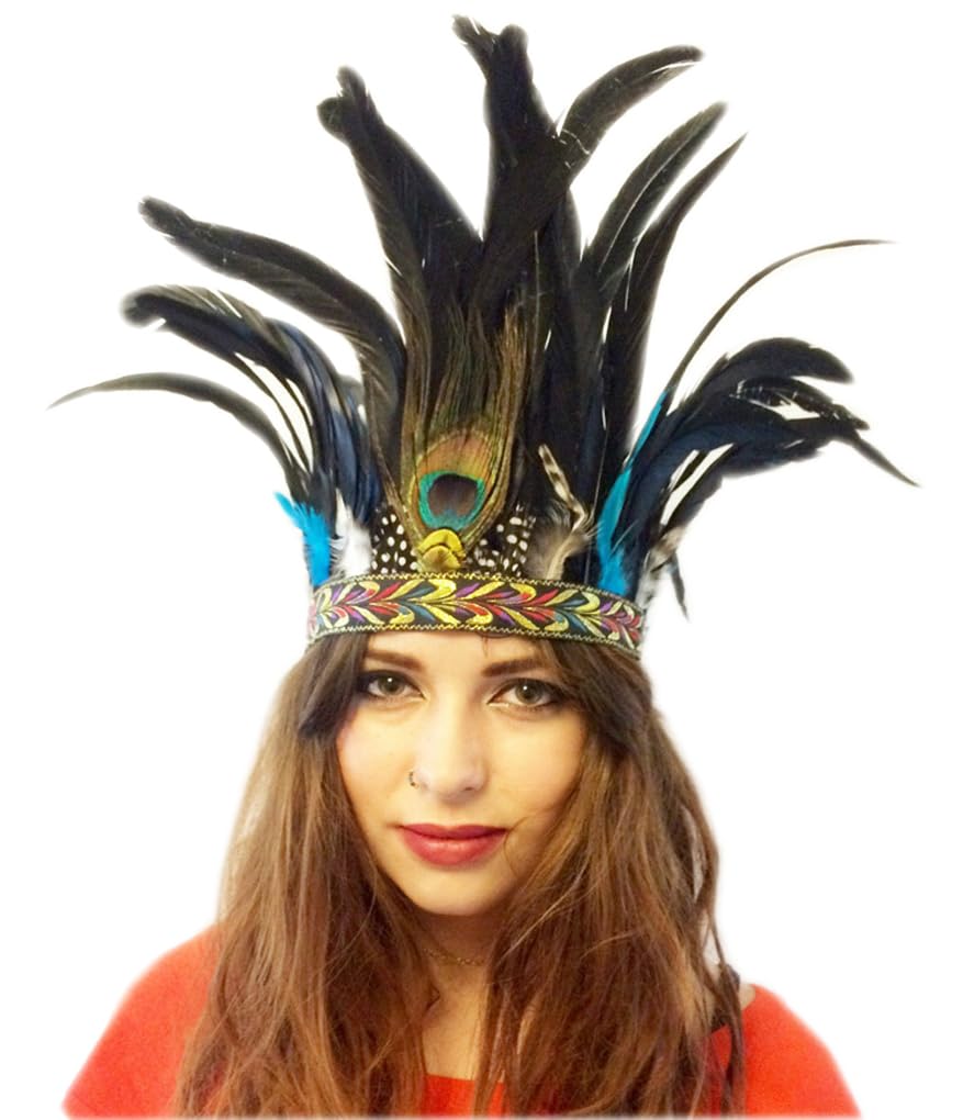 OhMill Halloween African Headwear Indian Feathered Headband African Chieftain Hat Headpiece Stage Show Props Christmas Easter Halloween Party Cosplay Fancy Dress Adults Kids (Peacock)
