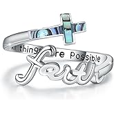 Faith Cross Ring, Sterling Silver Adjustable Abalone/Turquoise/Opal Religious Christian Inspiring Faith Rings for Women