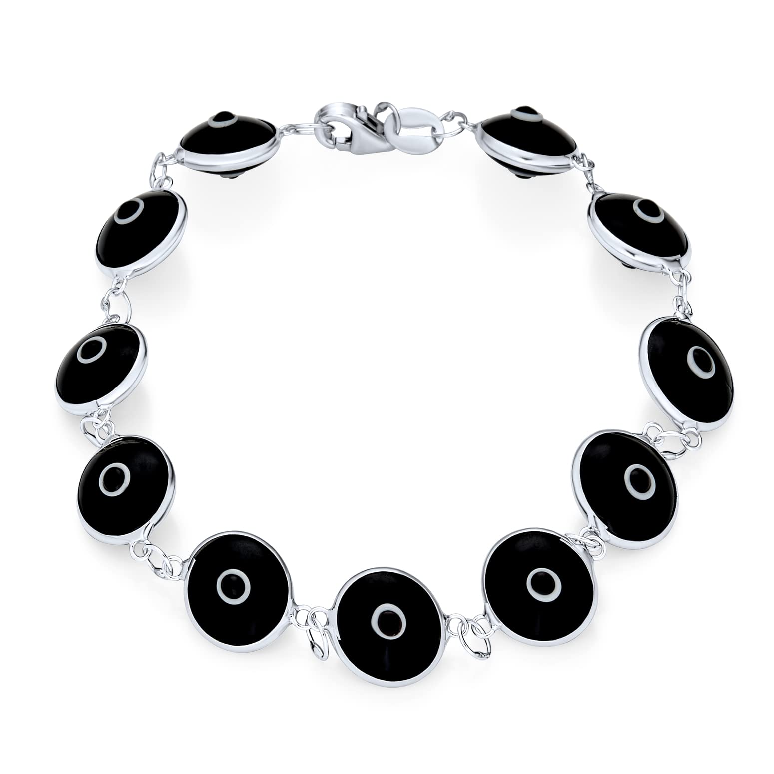 Bling Jewelry Protection Good Luck Amulet Turkish Glass Bead Evil Eye Bracelet For Women Teen .925 Sterling Silver Black White 7 Inch
