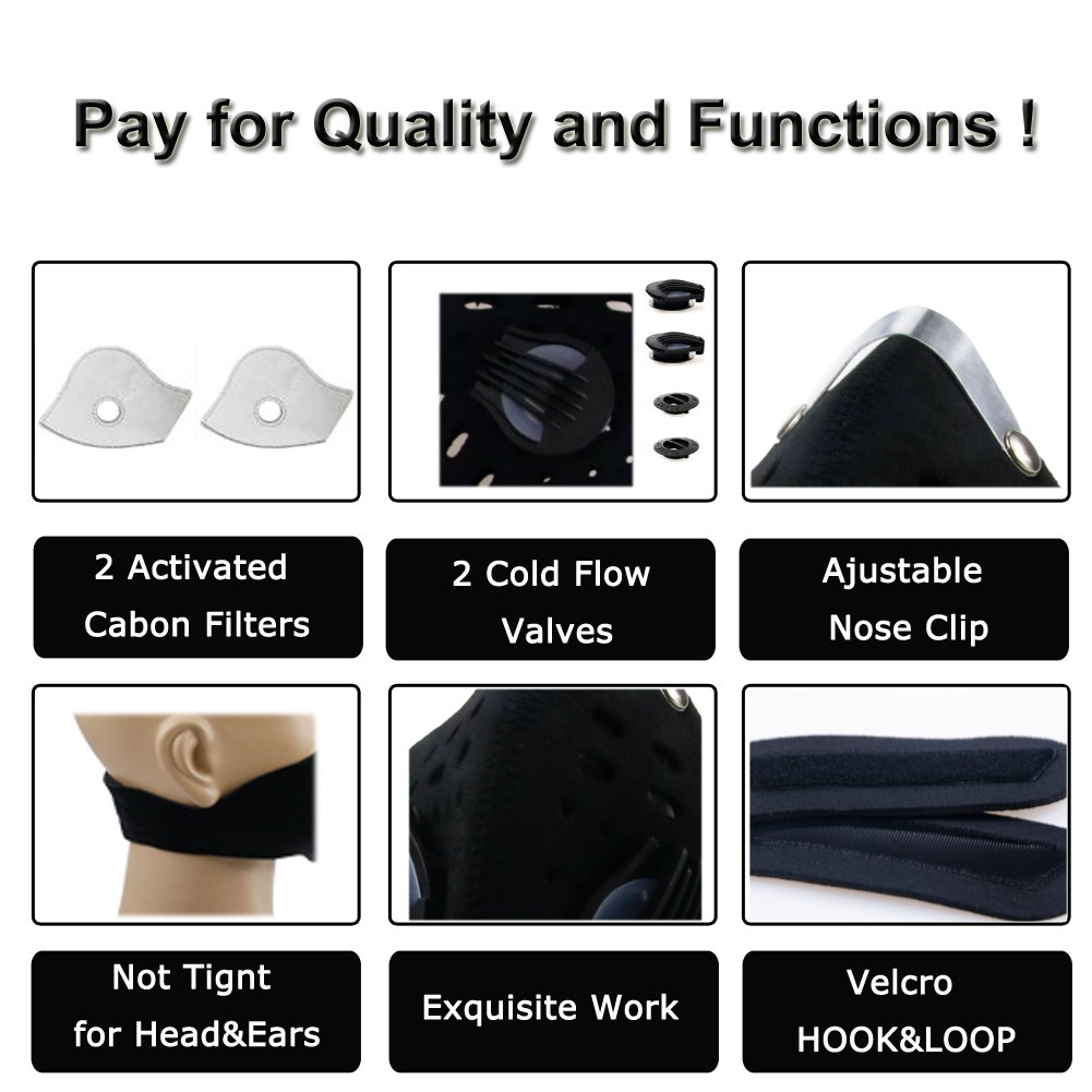 Activated Carbon Dustproof Dust Mask Filtration Exhaust Gas PM2.5 with 2 Valves 2 N99 Activated Carbon Filters for Running Cycling Outdoor Activities (Deep Black)