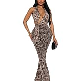 Wuitrie Leopard Jumpsuits for Women Sexy Backless Deep V Neck Lace Up Flare One Piece Jumpsuit Bodycon Club Outfits 2025