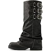 XBKXMK Women Fold Over Knee High Boots Square Toe Chunky Heel Riding Biker Boots with Buckles Casual Fashion Pull On Goth Slouchy Wide Calf Boots