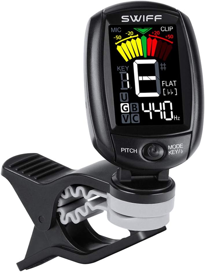 Clip-On Tuner with Guitar, Bass, Violin, Ukulele and Chromatic Tuning Modes, Large Colorful LCD Display Tuner Supports Microphone & Vibration Tuning for All Instruments (Black A3)