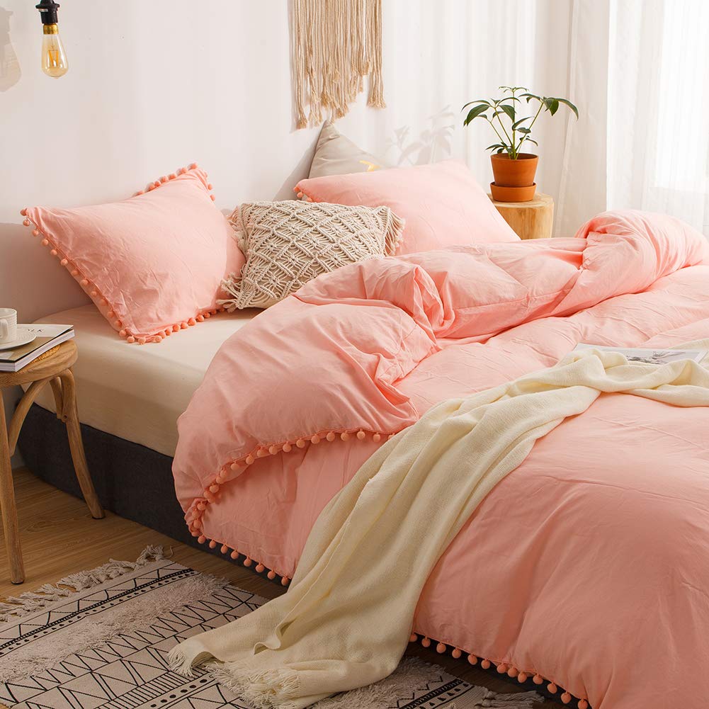 MOVE OVER 3 Pieces Pink Bedding Light Pink/Peach Duvet Cover Set Ball Fringe Pattern Soft Pink Girls Bedding Sets King 1 Ball Fringe Duvet Cover 2 Pillow Shams (King, Pink/Peach)