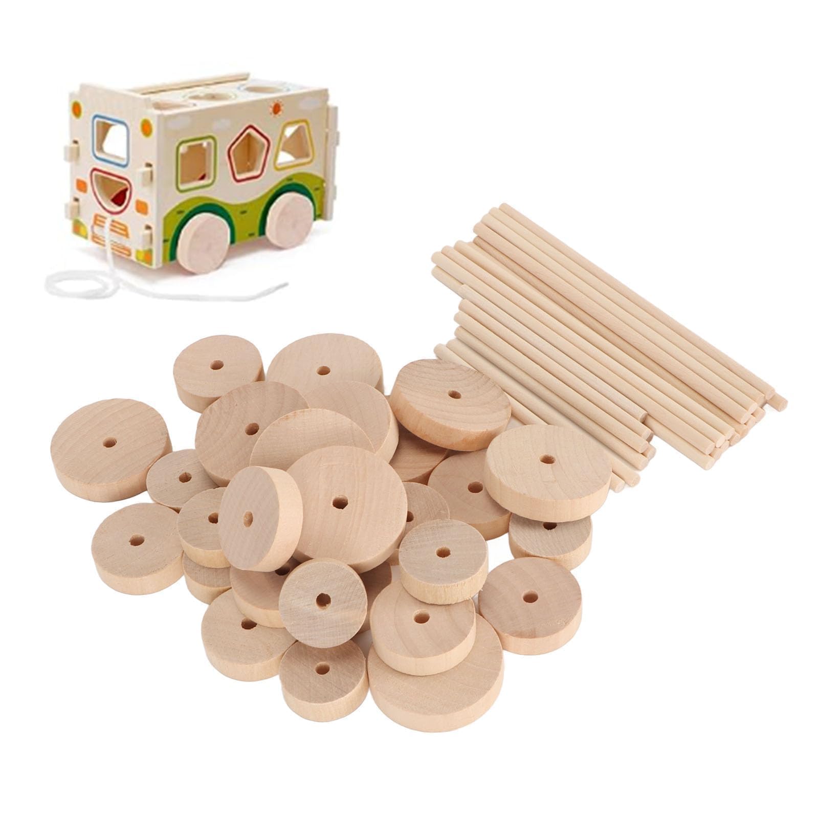 30Pcs Slab Wooden Wheels, DIY Polished Classic Axle Hole Wooden Hobby Wheel for DIY Project Painting Decoration Crafts