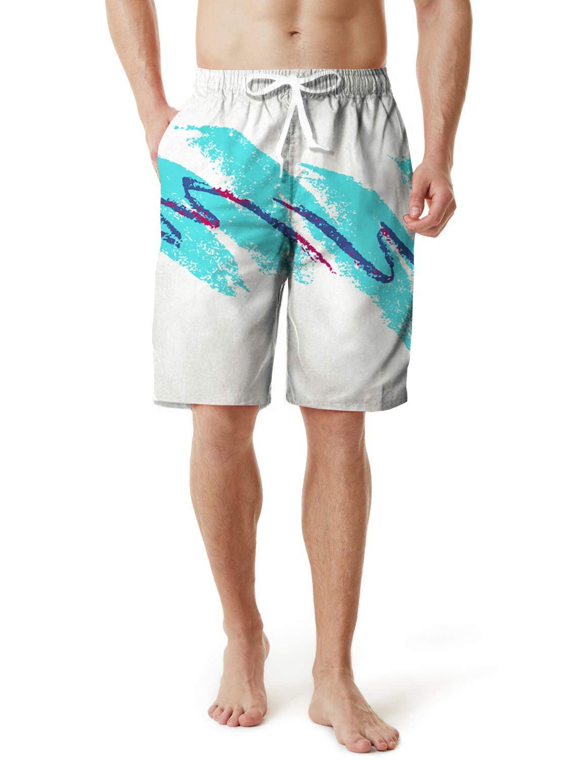 RAISEVERN Men\'s Beach Board Shorts Quick Dry Swimming Bathing Pants Suit with Pocket White