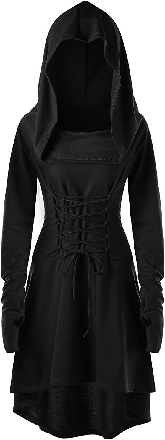 GemijackWomens Renaissance Costumes Hooded Robe Lace Up Vintage Pullover High Low Long Hoodie Dress Cloak