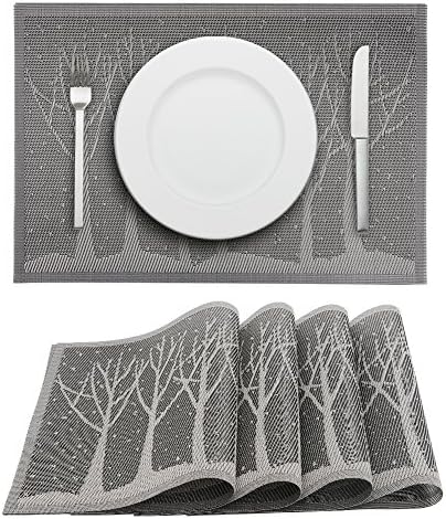 VERENIX Placemats Set of 4 PVC Woven Vinyl Placemat for Dining Table Heat Resistant Stain Resistant Kitchen Table Mats Washable (Grey Tree)