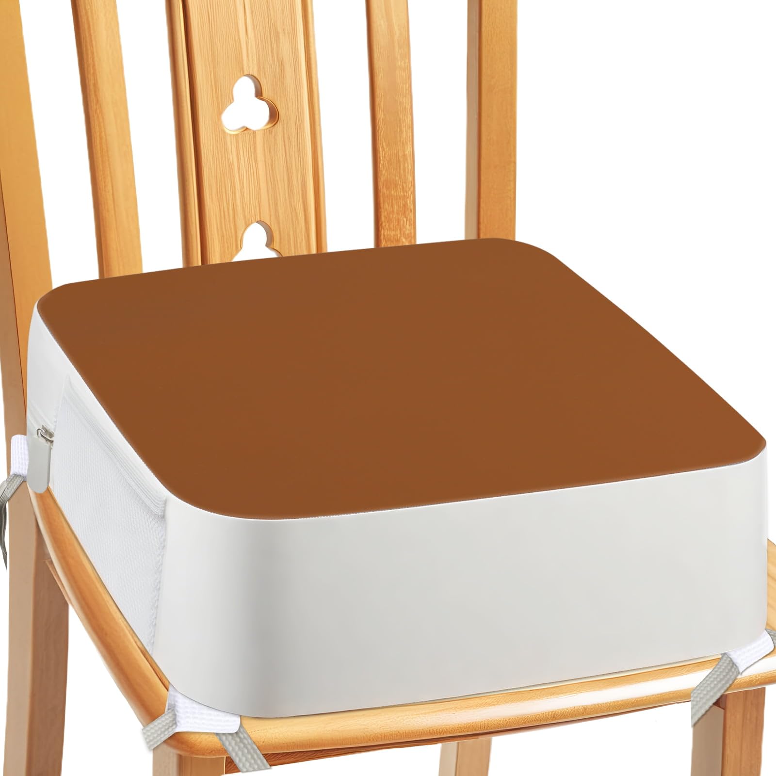Photo 1 of Booster Seat for Kitchen Chair - 4-Point Anchor 3.8" Lift Toddler Booster Seat for Dining Table with Side Pockets, Non-Slip & Portable Dining Cushion for Kids (Brown)