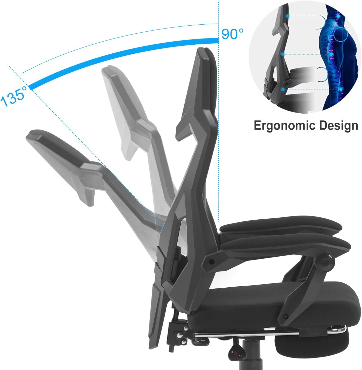 HOMEFUN Ergonomic Office Chair, High Back Executive Desk Chair with Footrest Adjustable Comfortable Task Chair with Armrests and Lumbar Support Black: Kitchen & Dining