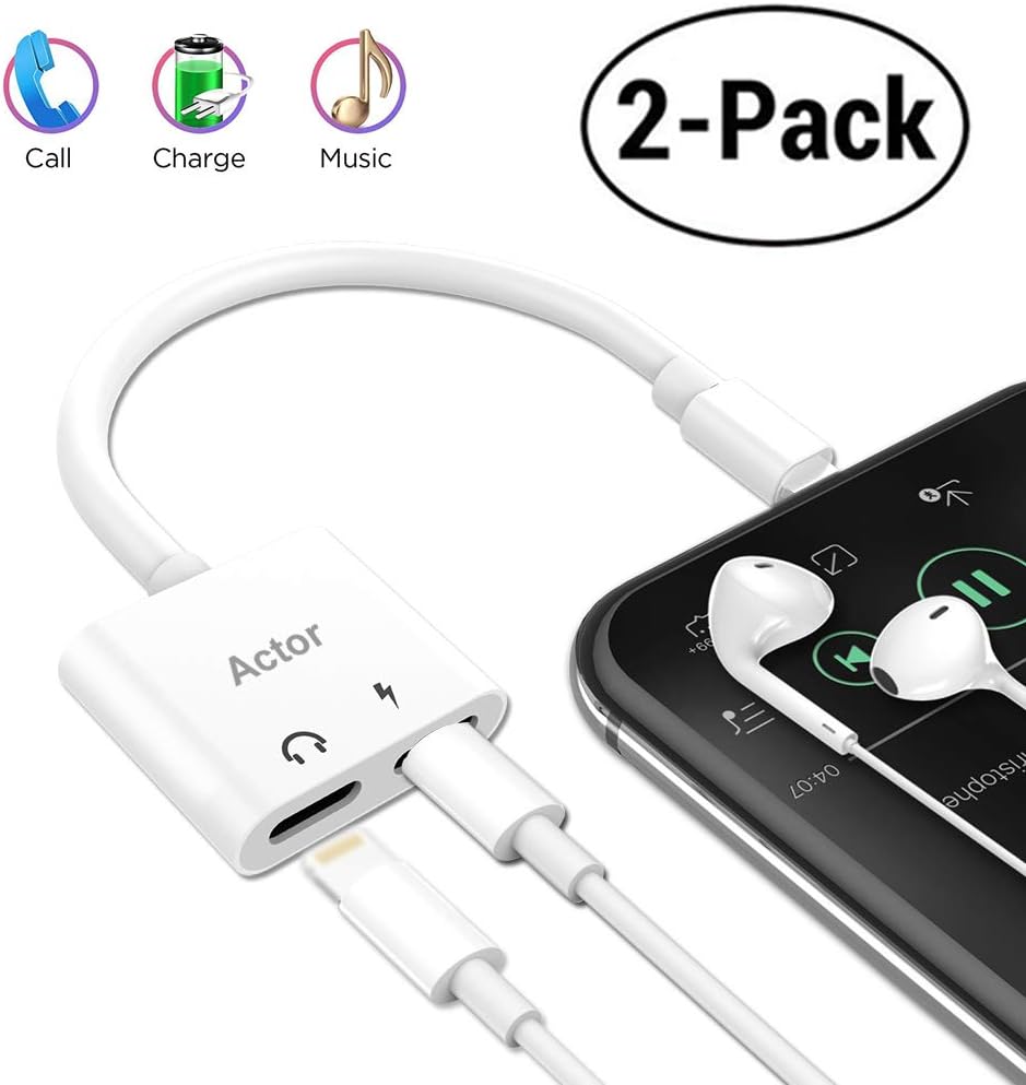 Actor Adapter & Splitter Compatible iPhone 7/7 Plus / 8/8 Plus/X, 2 Pack Dual 8 Pin Headphone Jack AUX Audio & Charging & Calling & Sync Cable Connector Earphone Charger
