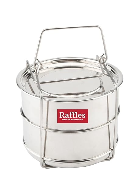 Raffles Premium SS Cooker Separator P3 Suitable for 3 litres Prestige Deluxe Plus Hard Anodised Outer Lid Pressure Cookers (2 Containers with Lifter, Stainless Steel)