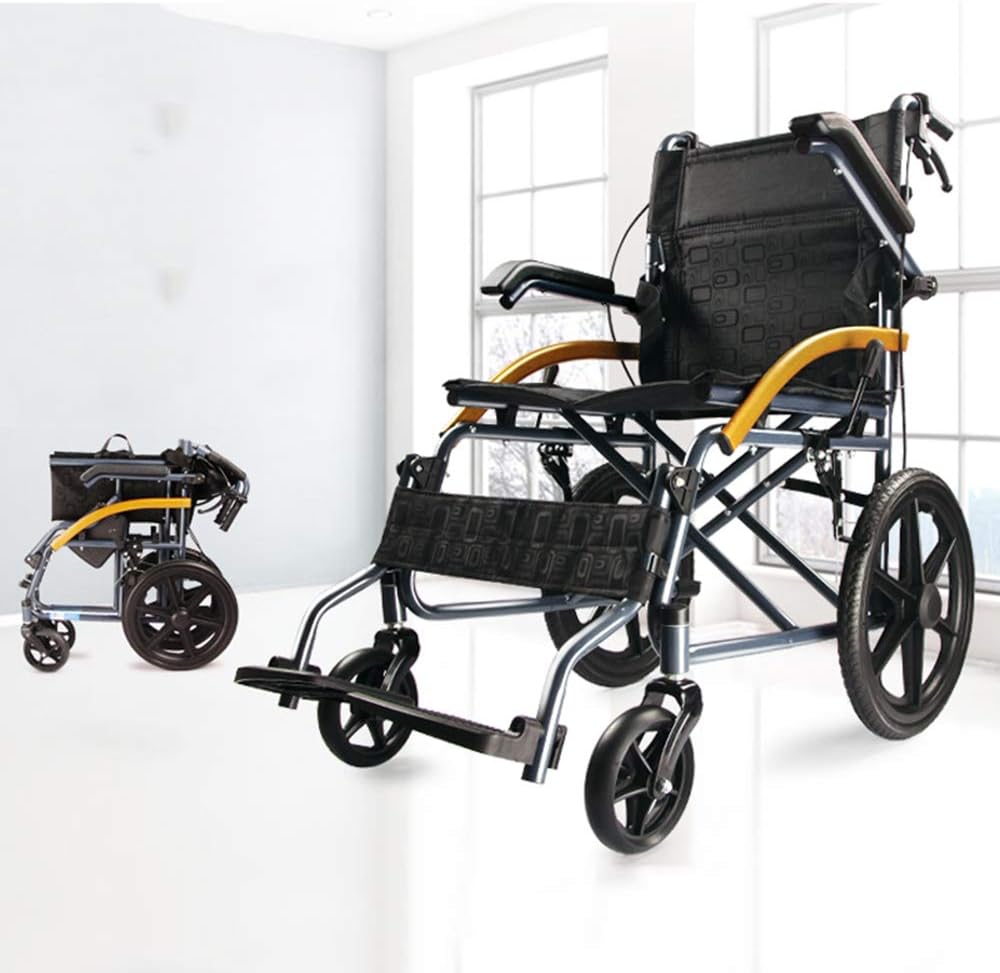 LYYYL Wheelchair Lightweight Folding Portable Transport Chair with Bags Solid Tires Seatbelt Hand Brakes Comfortable Armrest Seat Heavy Duty 176lbs Swing Away Foot Rrests for Men and Women