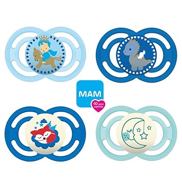 MAM Perfect Day & Perfect Night Schnuller 16 Plus'Blue Colours Mix'//4er Set//inkl. 4 Sterilisiertrasportboxen