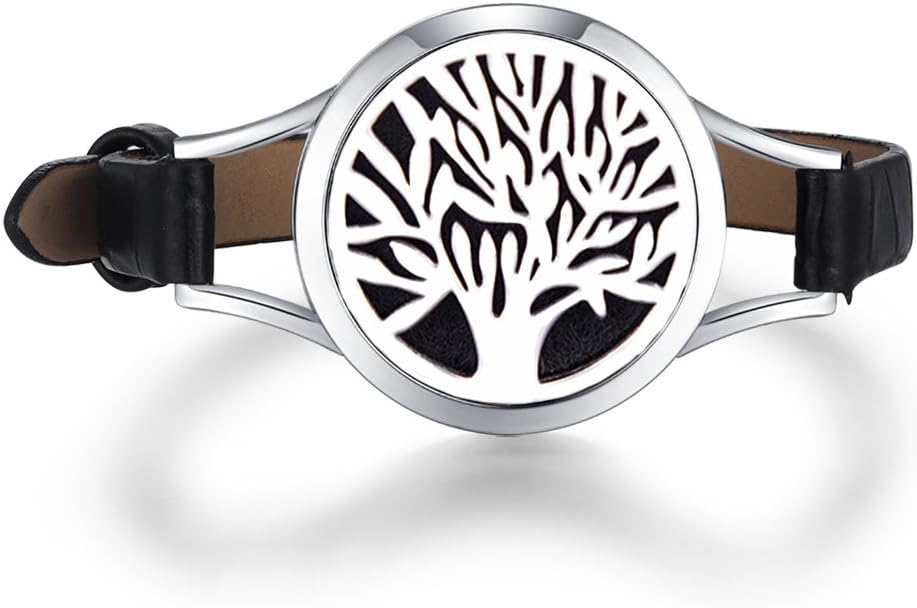 MESINYABlack Leather Wrap Essential Oil Diffuser Bracelet 316L Stainless Steel 6-7.7'' Locket Bangle