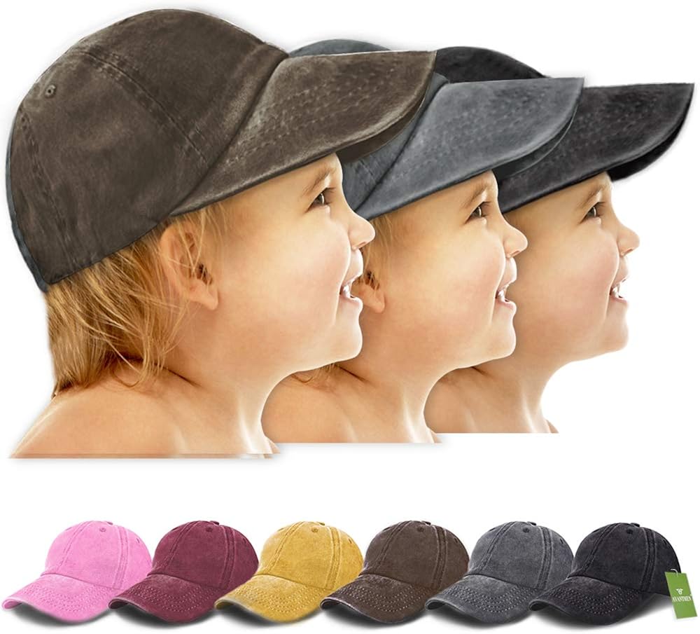 AVANTMEN Kids Baseball Cap Distressed Washed Sunhat Toddlers Little Boys Girls Cotton Hat 2-7 Years (3 Pack Black/Grey/Brown): Clothing