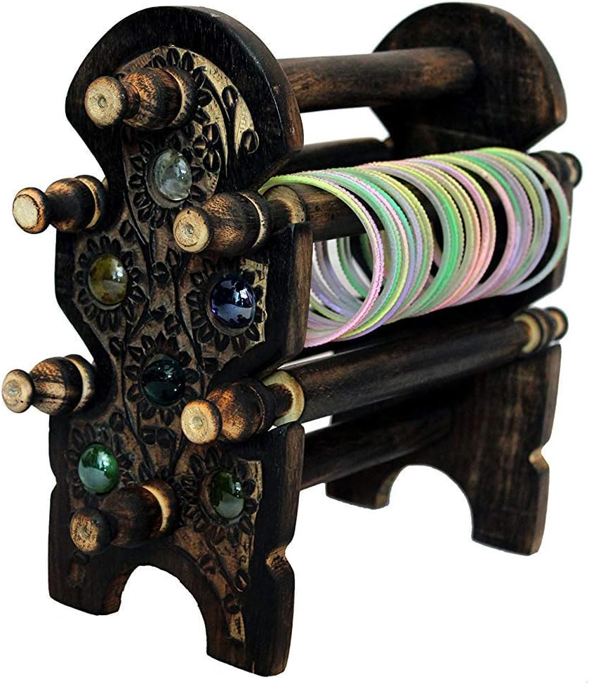 RGRANDSONS Antique Finish Handmade Wooden Bangle Holder 4 Removable Rods with Stone Inlaid Work (Standard Size, Brown)