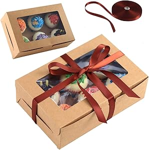 Circloophs 25 Packs Bakery Boxes with Window9.45x6x3 Inches Large Paper Cupcake Treat Boxes in Bulk for Christmas Holiday Gift Giving Pastry Boxes for Cookies, Pies, Desserts, Ribbons Included