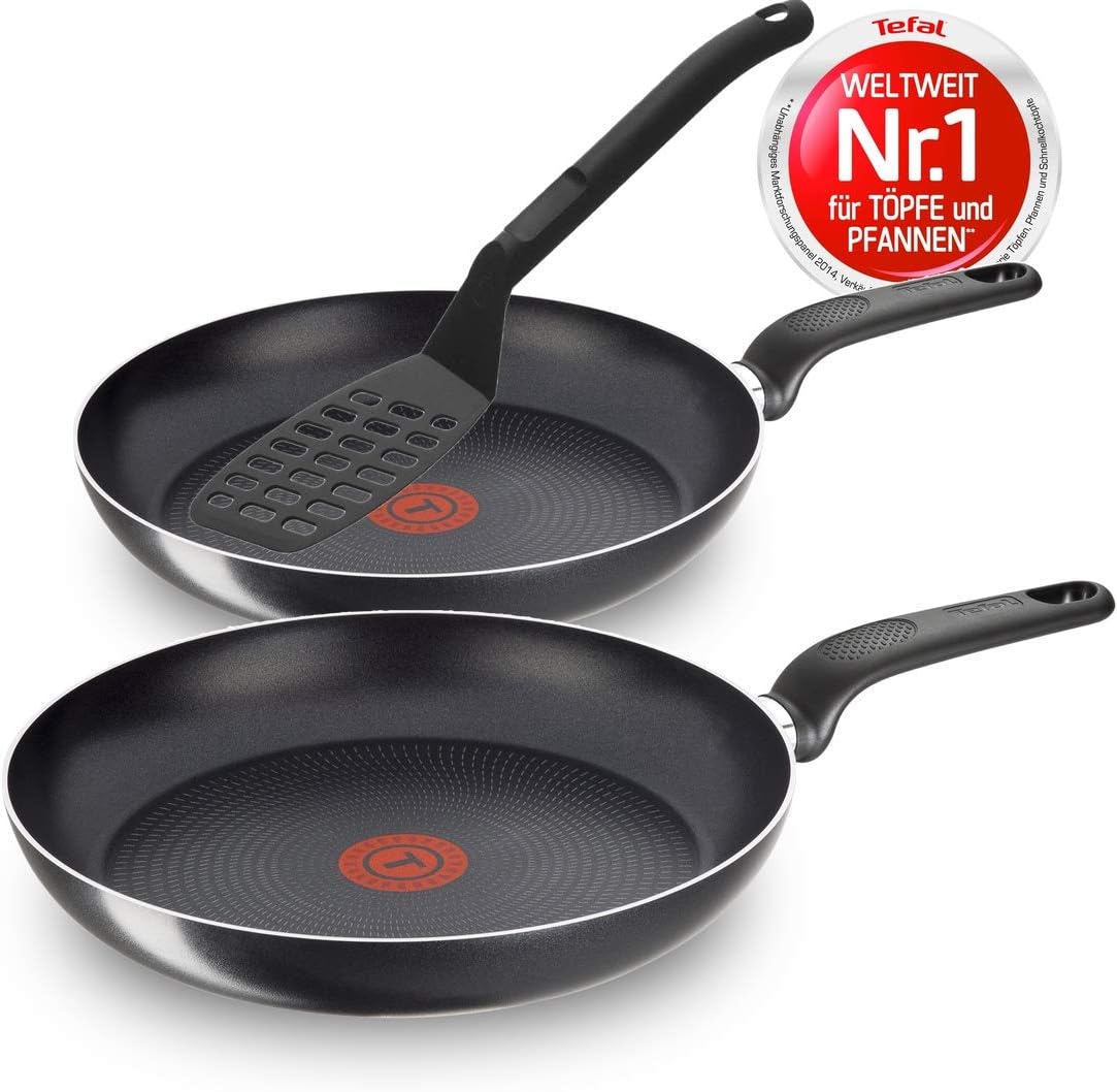 Tefal Aluminium Pfannenset 3-teilig, 24 + 28 cm Pfanne + WMF Pfannenwender, Antihaft Bratpfannen, Pfannen mit integrierter Temperaturanzeige, ergonomischer Thermokunststoff-Griff, extra Tiefe Form