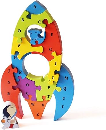 Shumee Wooden 3D Rocket Puzzle (3 Years+) - Alphabet & Number System, Problem-Solving