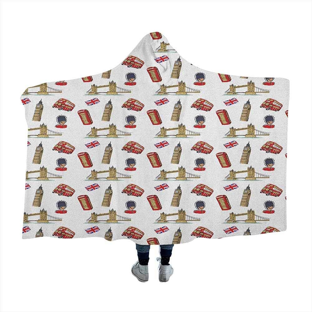 London Hooded Blankets for Boys Girls Big Ben Tower Bridge Royal Guard Telephone Double Decker and UK Flag Sherpa Fleece Throw Wearable Blankets Hoodie Cloak Violet Blue Red Sand Brown 60x50 inches