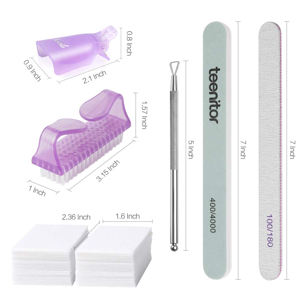 Teenitor Nail Polish Gel Remover Tools Kit with Nail Clips Nail Remover Pads Cuticle Pusher Nail Brushes Nail File Grits 120/180 Buffer Block Grits 400/4000, 6 Pack : Beauty