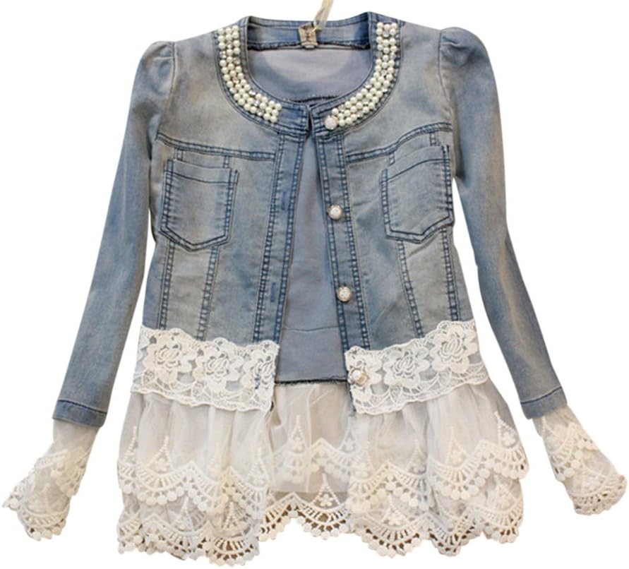 Jeans Jacket Women Slim Lace Patchwork Beading Denim jackets Vintage Jackets Coat M