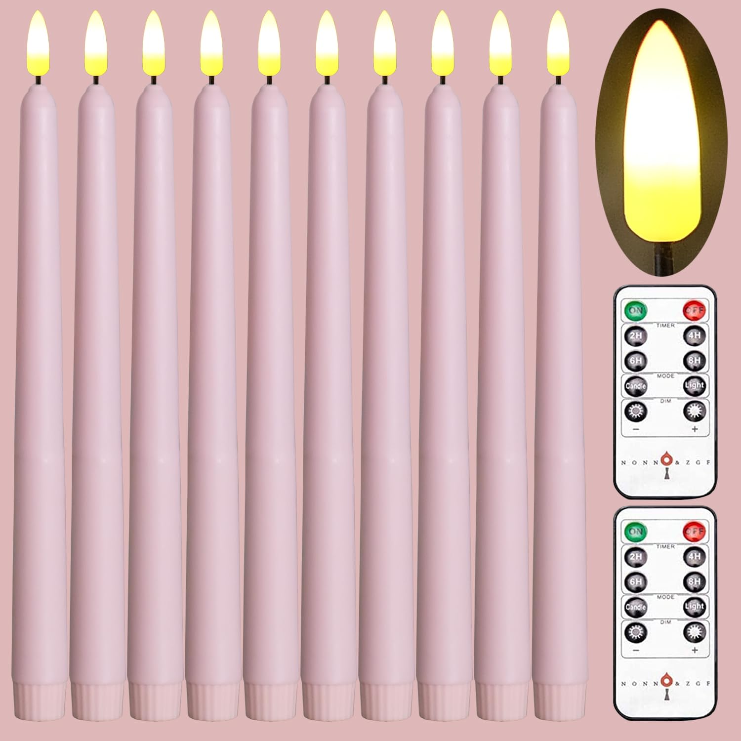 Photo 1 of 10 Pack Pink Flameless WAX Coverd 11'' Taper Candles with 2 Remote, LED Battery Operated Flickering Bright candle for proposal, wedding, festive, Family dinner, birthday party, or home decor