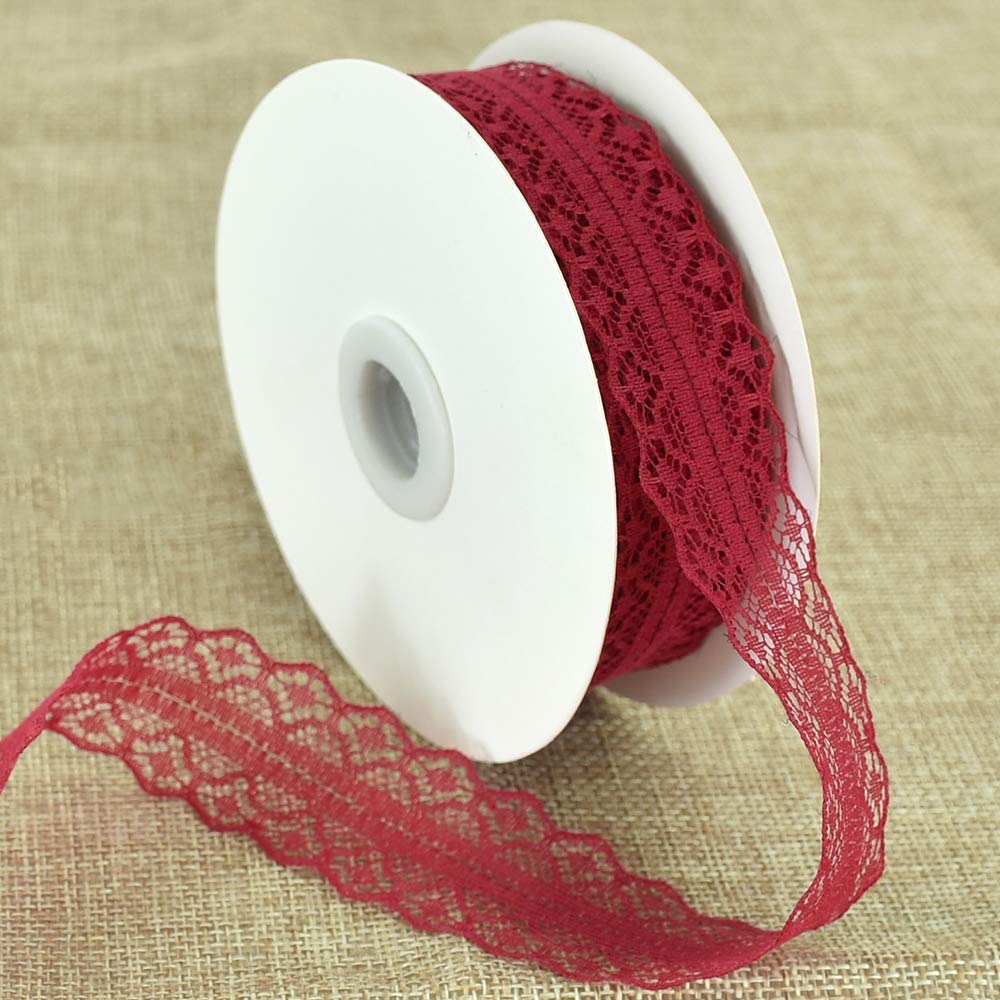 TONIFUL 1.2 Inch x 25 Yards Lace Trim Ribbon Roll Dark Red Burgundy Vintage Lace for Wedding Flower Sewing Floral Floral Party Decorations Gift Wrapping