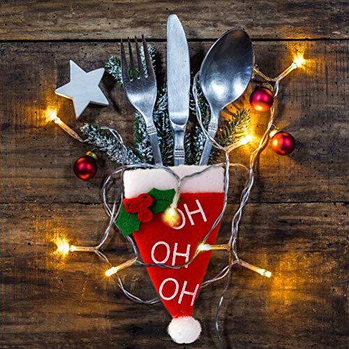 HANSGO Mini Santa Hat Cup Bottles Cover, 24PCS Silverware Holders Mini Holly and Berry Christmas Hats with HOHOHO for Xmas Party Table Decor, Kitchen Decor