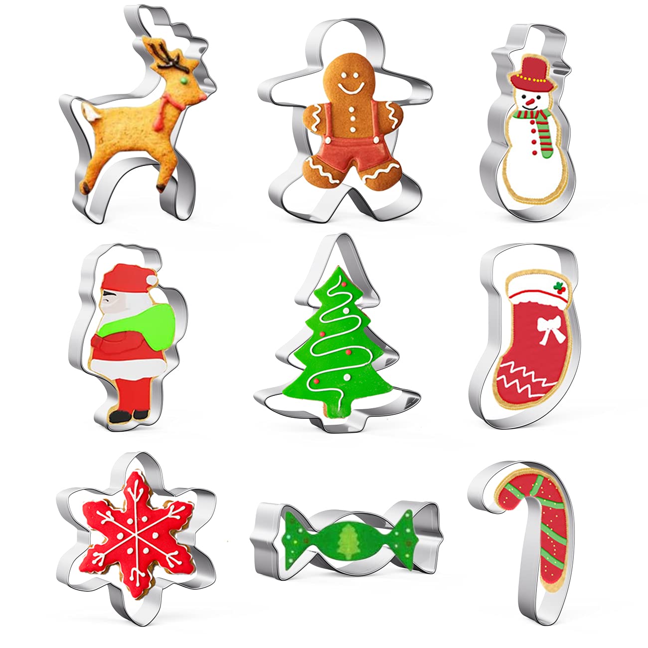 Christmas Cookie Cutter Set, 9 Pieces Stainless Steel Christmas Biscuit Cutters Shapes- Gingerbread Boy, Christmas Tree, Snowflake, Reindeer, Snowman, Santa, Claus, Socks for Cookie DIY Baking