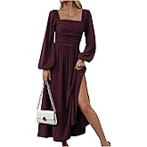 Floerns Women's Square Neck Lantern Long Sleeve Dress Split Ruched Party Midi Dresses
