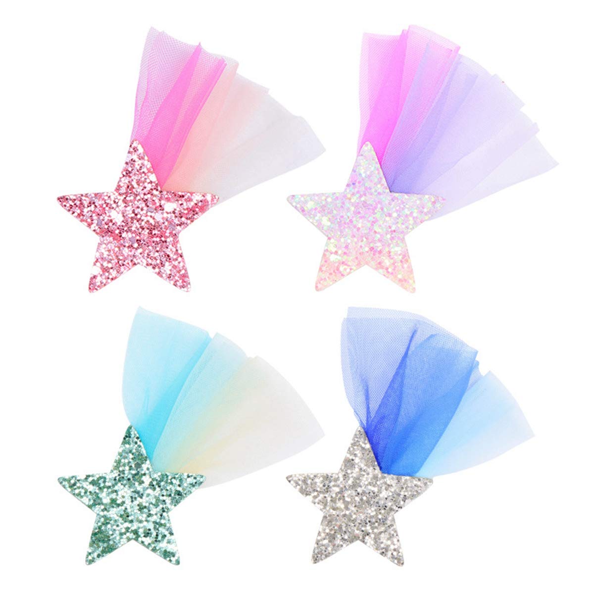 4 pcs Glitter Sequins Voile Star Hair Clips for Toddlers and Little Girls (set 01)