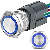 UL Listed 15Amp 22mm Latching Push Button Switch, IP67 Waterproof, DPST 2NO, Stainless Steel 304, On Off Switch with Wire Socket, 110V Blue LED.