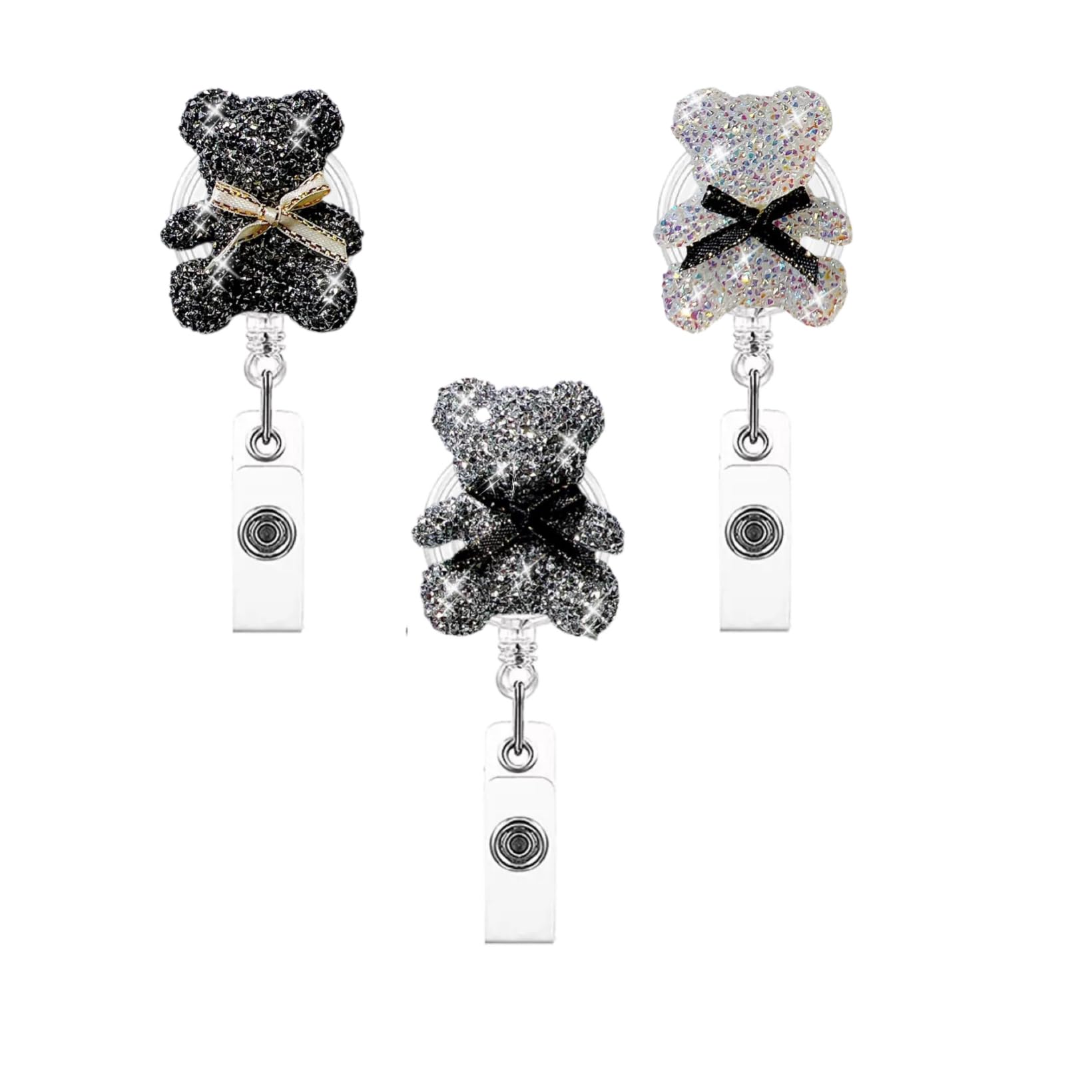 Photo 1 of **MISSING 1 CLIP (BLACK COLOR) *** 3Pcs Crystal Bear Badge Reels Retractable Badge Holder Clip, Bling Nurse Badge Reel Clip Retractable ID Name Tag Card Cute Badge Holder for Nurses Doctor Teacher