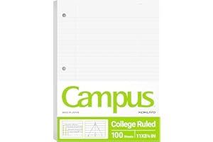 Kokuyo Campus Loose Leaf Paper for 3 Ring Binders, 8-1/4"x11”, College Ruled Notebook Paper, 100 Sheets, 70 GSM Japanese Smoo
