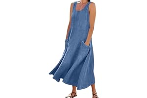 Frostluinai Denim Dress for Women Sleeveless Midi Summer Tank Jeans Dresses with Pockets Beach Vacation Casual Sundresses