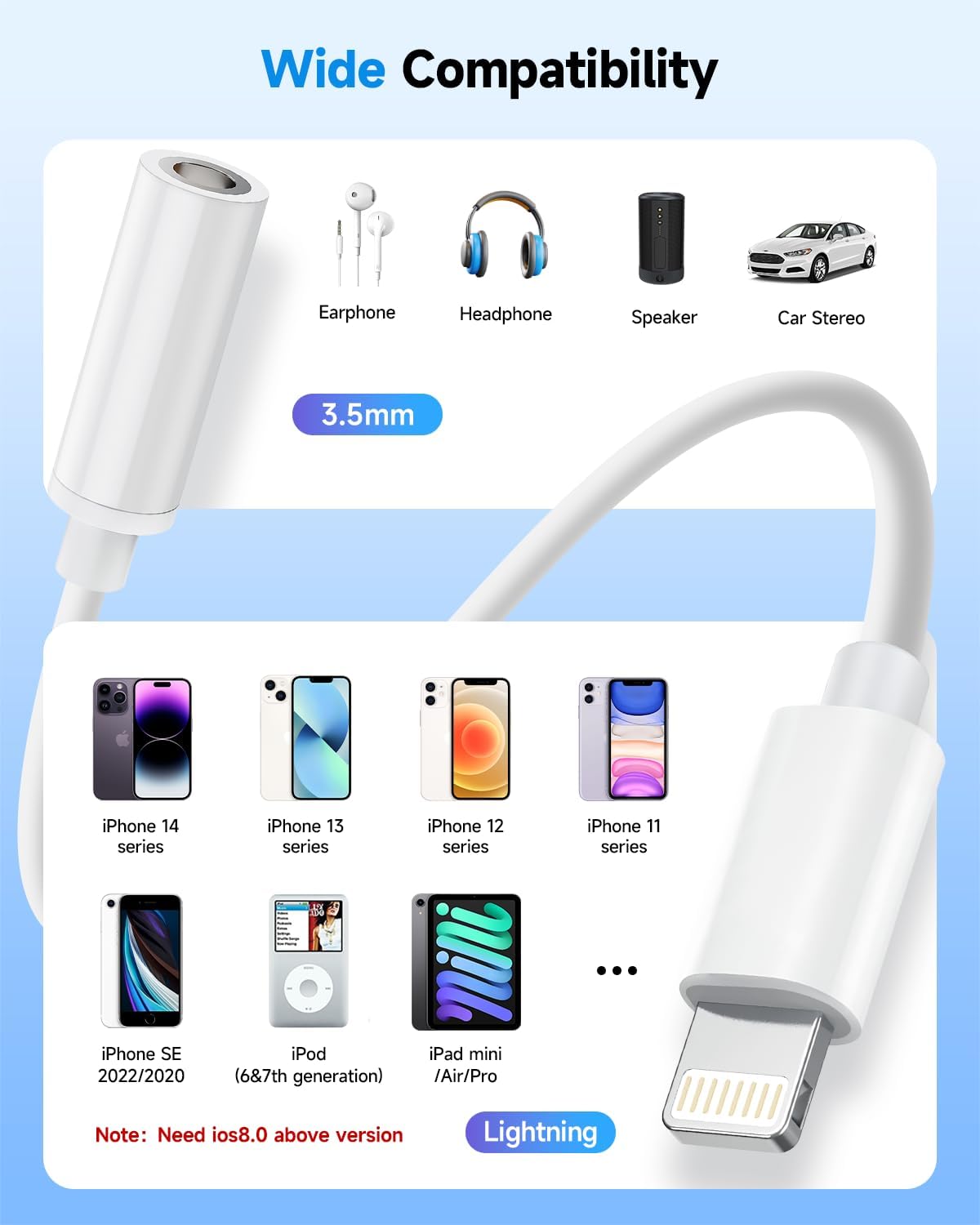 Apple MFi Certified Lightning to 3.5mm Headphone Jack Adapter -Premium Audio Quality & DAC Chip for Music Listening Car, Gym, Home Office, Compatible with iPhone 14/13/12/11/X/8/7 2Pack (White)