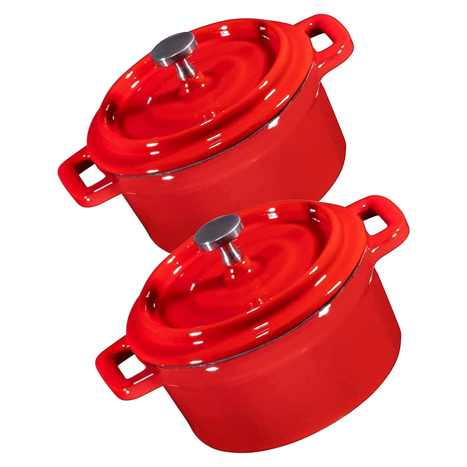 Bruntmor Enameled Dutch Oven Pot With Lid Set Of 2 in Red | Double Cocotte Cast Iron Dutch Oven/Deep. 8 Oz Mini Cocotte |Seasoned Cast Iron Non Stick Skillet Cooking Gifts For Women.